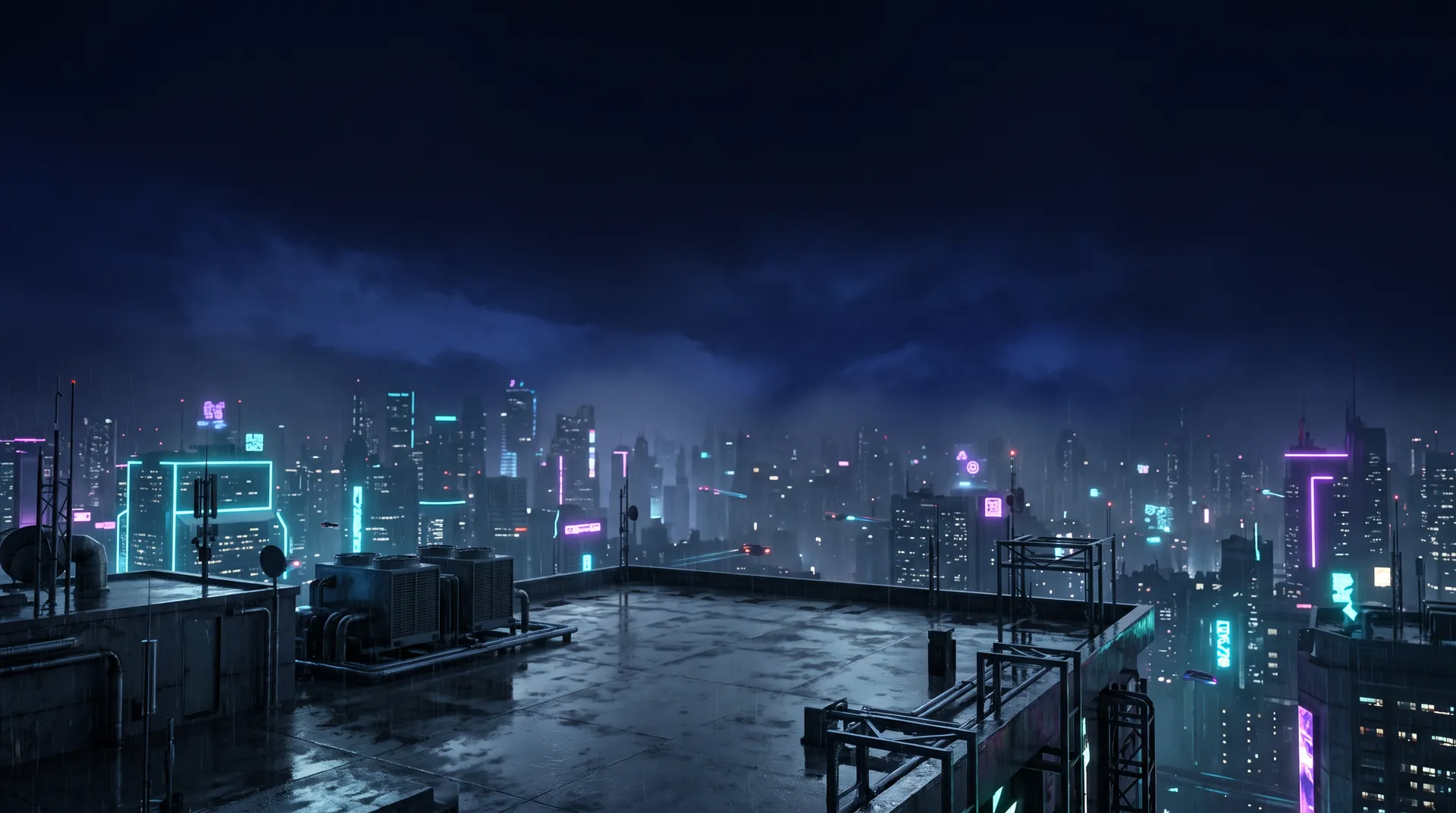 Ville cyberpunk sous la pluie, néons aqua et violets